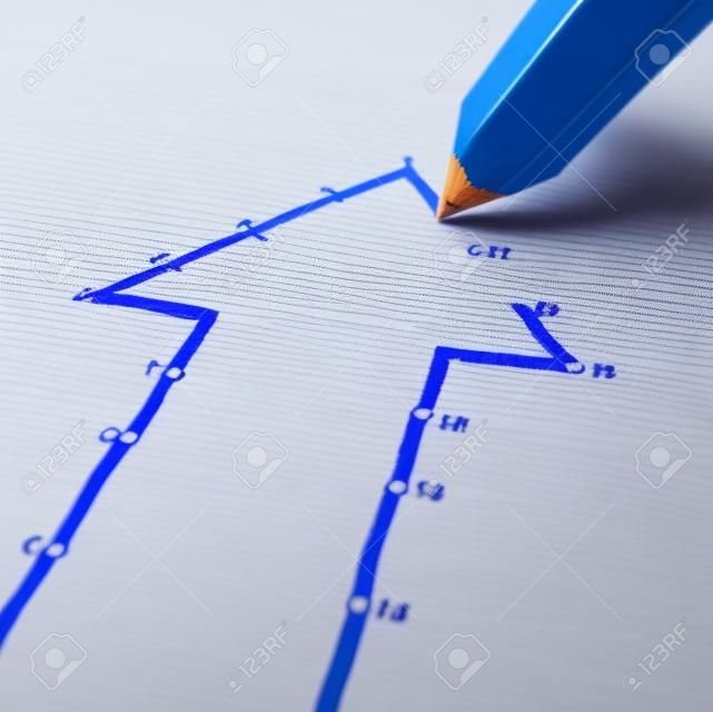 Success strategy and step by step business planning as a blue pencil drawing connection lines to connect the dots on a puzzle shaped as an arrow going up as a financial metaphor for a successful planned personal project 