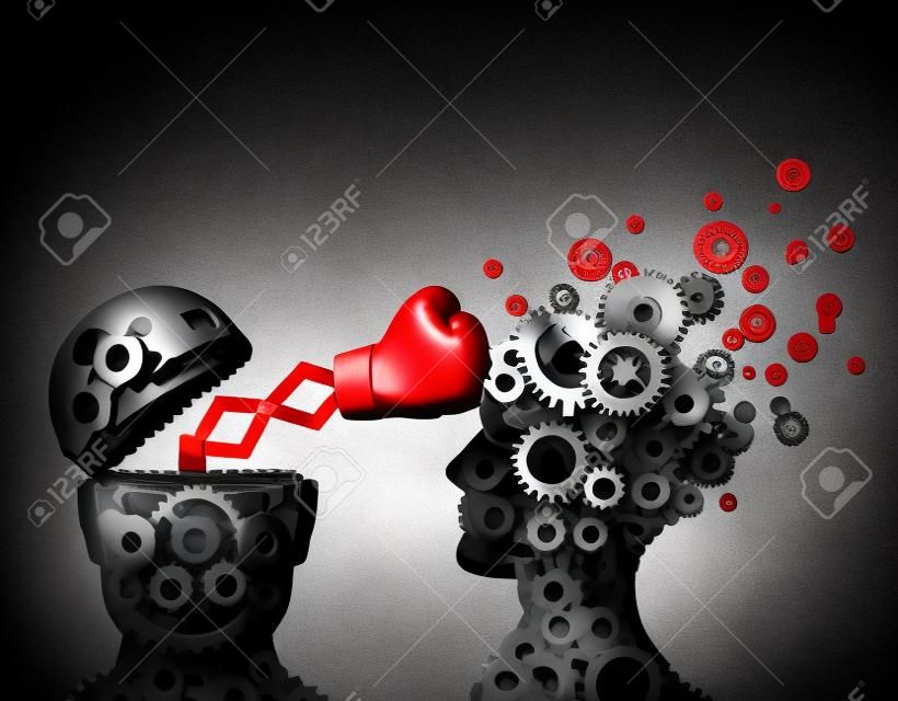 Business advantage with a secret weapon concept as a group of gears shaped as a human head punching and destroying the competition with a hidden red boxing glove as a metaphor for innovative corporate strategy and planning to win 