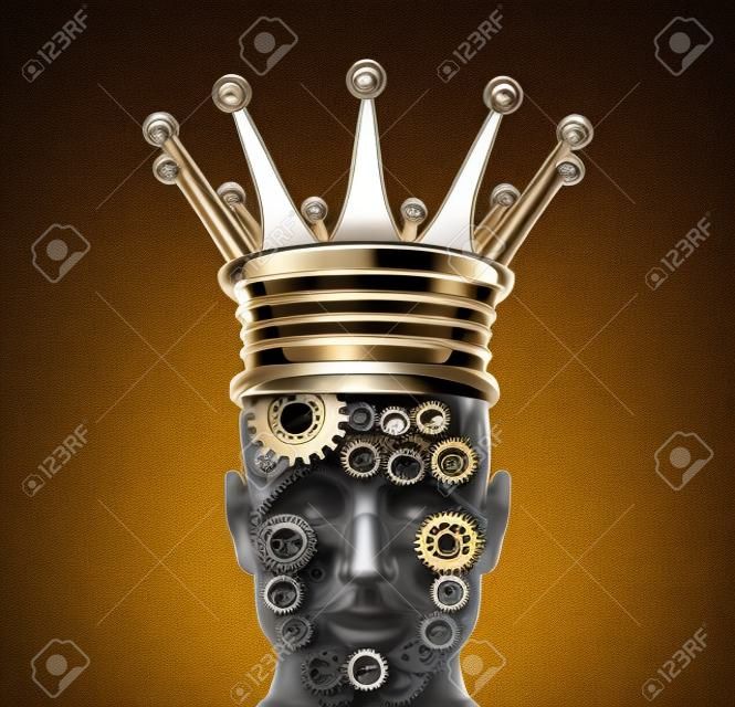 Innovation leadership and technology leader concept as a group of gears and cogs shaped as a human head as a symbol of industry visionary success wearing a king crown 