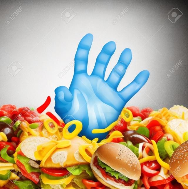 Adipositas und Übergewicht Konzept wie die Hand einer Person, die aus einem Haufen von ungesunden Fast Food und verzweifelt griff nach Ernährung und Diät-Hilfe als Symbol für schlechte Ernährung proplems