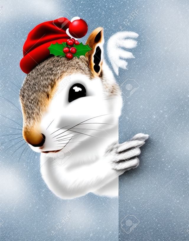 Sinal vertical de esquilo de férias usando um chapéu de cláusula de santa com bagas vermelhas e azevinho penduradas sobre uma bandeira lateral em branco com espaço de cópia segurando um outdoor como uma mensagem de celebração de Natal de ano novo ou inverno.