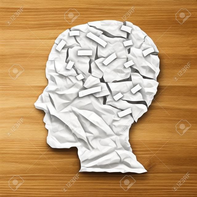 Brain disease therapy and mental health treatment concept as a sheet of torn crumpled white paper taped together shaped as a side profile of a human face on wood as a symbol for neurology surgery and medicine or psychological help.