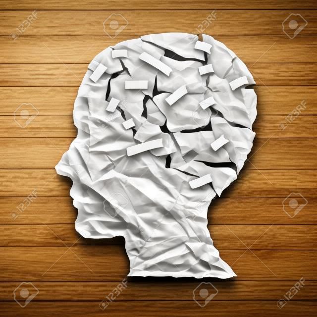 la thérapie des maladies du cerveau et le concept de traitement de la santé mentale comme une feuille de papier blanc froissé déchiré collées ensemble en forme de profil de côté d'un visage humain sur le bois comme un symbole pour la chirurgie de la neurologie et de la médecine ou de l'aide psychologique.