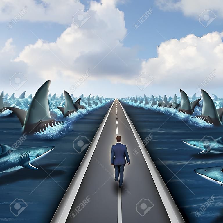 Headed for danger business concept as a man walking on a straight road towards a group of dangerous sharks as a metaphor and symbol of risk and courage from a person on a career path or life journey.