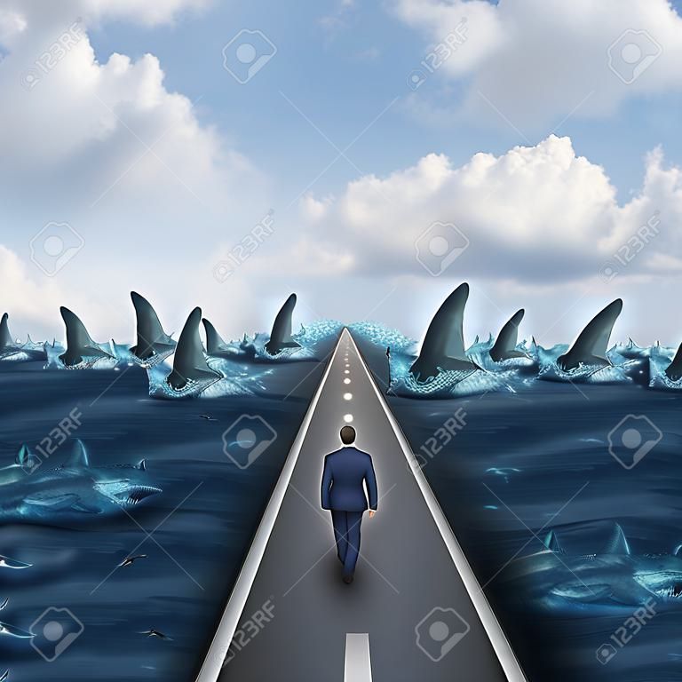Op weg naar gevaar business concept als een man lopen op een rechte weg naar een groep van gevaarlijke haaien als een metafoor en symbool van risico en moed van een persoon op een carrièrepad of levensreis.