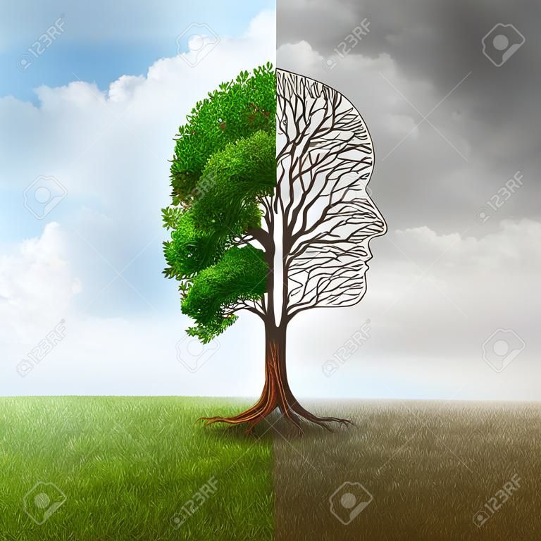 Human emotion and mood disorder as a tree shaped as two human faces with one half empty branches and the opposite side full of leaves in the summer as a medical metaphor for psychological issues pertaining to contrast in feelings.