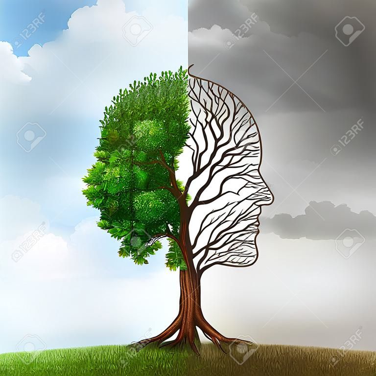 Menselijke emotie en stemmingsstoornis als een boom gevormd als twee menselijke gezichten met een half lege takken en de tegenovergestelde kant vol bladeren in de zomer als een medische metafoor voor psychologische problemen met betrekking tot contrast in gevoelens.