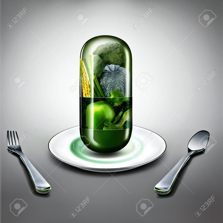 Concept de complément alimentaire comme une pilule géante ou la médecine capsule avec des fruits et légumes à l'intérieur fraîche sur une table de réglage lieu