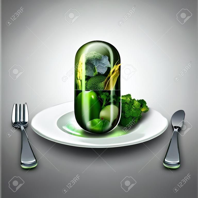 Food supplement concept als een reusachtige pil of medicijn capsule met verse groenten en fruit binnen op een tafel plaats instelling