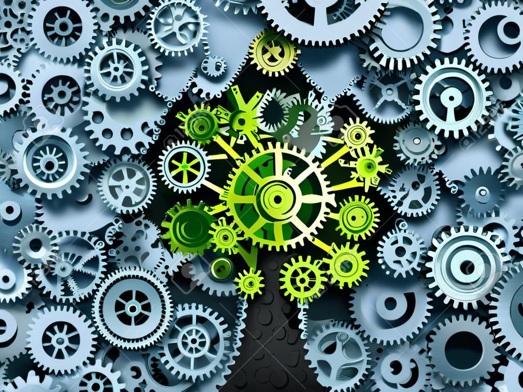 Business tree concept as a symbol for a growing economy and industry represented by machine gears and cog wheels shaped as a growing plant with green leaves as an icon of success in industry activity.