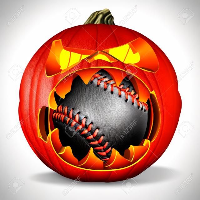 Autumn baseball concept as a pumpkin jack o lantern biting into a leather softball as a symbol for halloween sports and fall sporting events on a white background.
