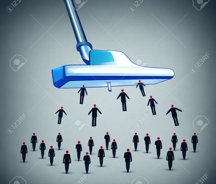 Employee management business concept as a giant vacuum cleaner sucking up businesspeople as businessmen and businesswomen as a corporate metaphor for human resource downsizing and recruitment,or getting clients and customers.