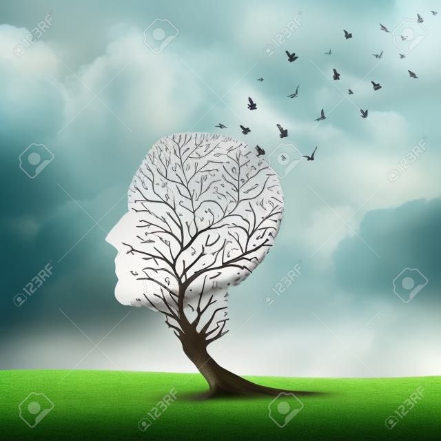Conceito de perda de memória e símbolo surreal do paciente com Alzheimer como um conceito médico de cuidados de saúde mental, com uma árvore em forma de cabeça vazia e um grupo de pássaros em forma de cérebro para neurologia e demência ou perda de inteligência.