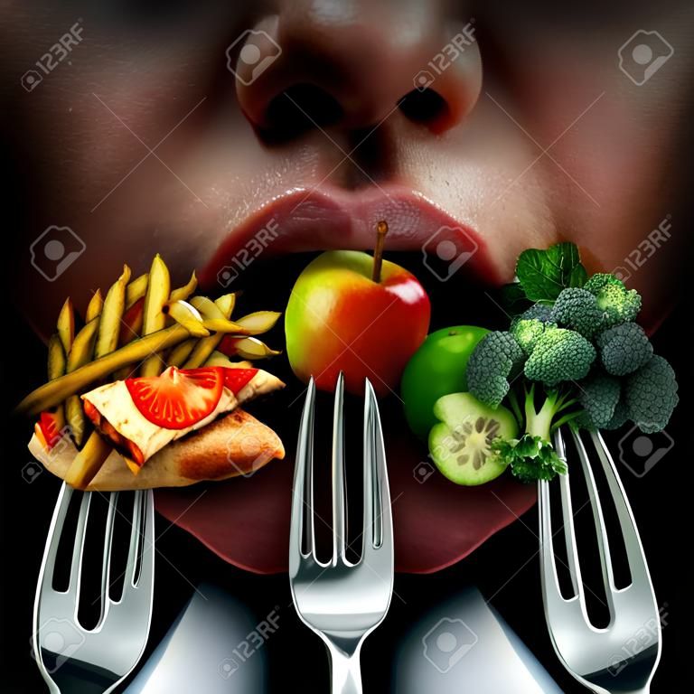 무엇을 먹고 결정하려고 인간의 혀에 포크이나 기름으로 콜레스테롤과 패스트 푸드에 건강에 좋은 신선한 과일과 야채 사이의 의사 결정 다이어트 선택 개념 및 영양 투쟁 딜레마를 먹는.