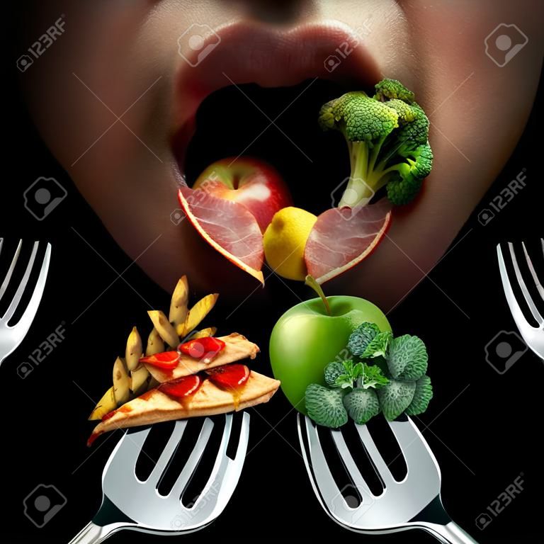 吃對人類的舌頭試圖決定吃什麼叉子或油膩膽固醇和快餐健康良好的新鮮水果和蔬菜的飲食決定選擇概念和營養鬥爭的困境。