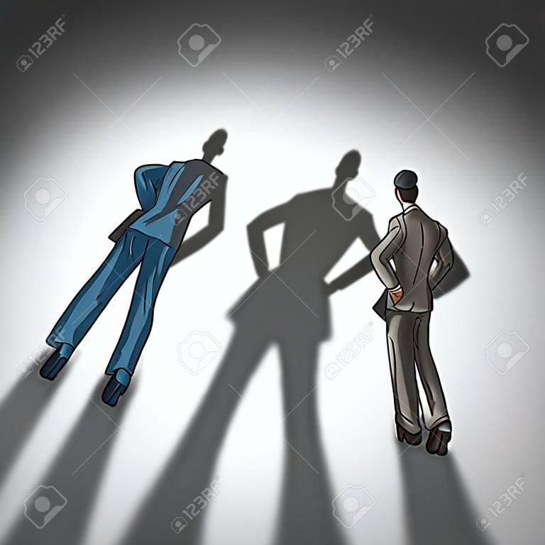 Worker productivity concept and productive employee symbol as two businessmen with one person with a single cast shadow and another business person with a group of shadows as a skillfull overachiever.