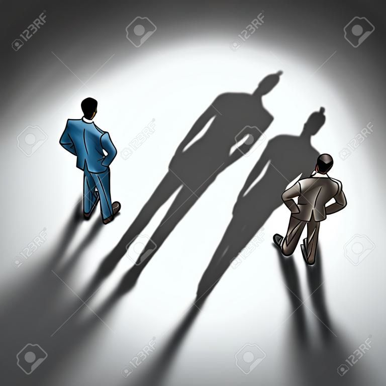 Operaio concetto di produttività e produttiva simbolo dipendente come due uomini d'affari con una persona con un solo un'ombra e un altro uomo d'affari con un gruppo di ombre come overachiever skillfull.