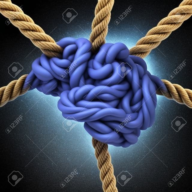 Creative process concept and creativity and the brain as a group of tangled ropes shaped as the human mind with strands of rope emerging out as an intelligence connection metaphor and neurology symbol for neuron function.