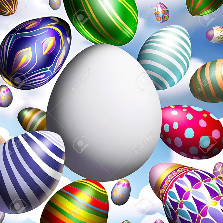 Pasqua Festeggiamento Spazio vuoto uovo concetto come un gruppo di volare uova decorate con un grande uovo bianco come un simbolo per la comunicazione primavera messaggio di festa.