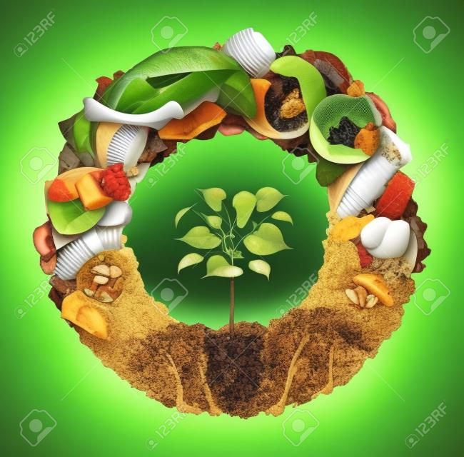 Composte life cycle symbol and a composting stage system concept as a pile of rotting kitchen fruits egg shells bones and vegetable food scraps shaped as circle with soil at the bottom and a sapling growing.