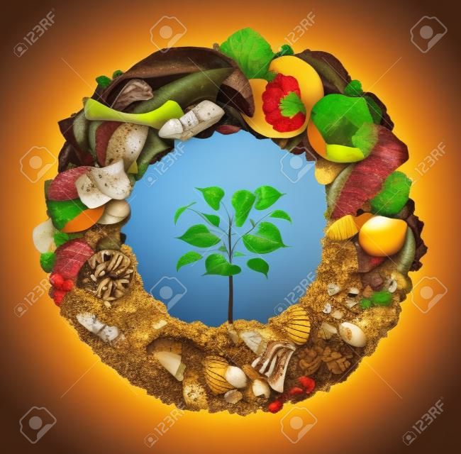Composte Lebenszyklus-Symbol und ein Kompostierungsstufe Systemkonzept als einen Haufen von Fäulnis Küche Früchte Eierschalen Knochen und pflanzliche Speisereste geformt als Kreis mit dem Erdreich auf dem Boden und einem Bäumchen wächst.