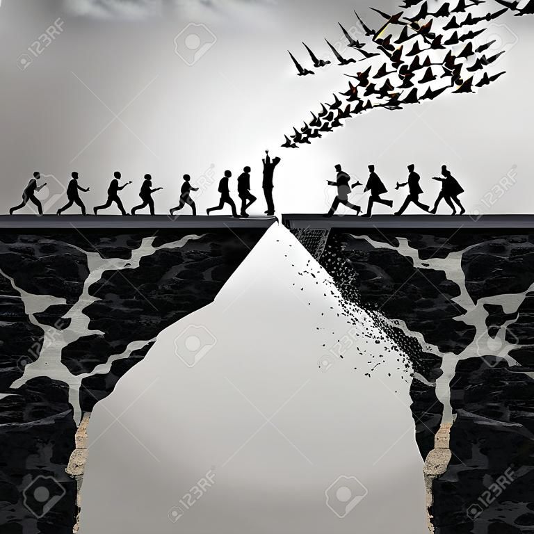 Lost opportunities concept as a too late metaphor with businesspeople running to cross a bridge in time but the link is broken by the mountain flying away in the shape of birds in a 3D illustration style.