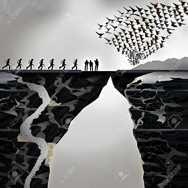 Lost opportunities concept as a too late metaphor with businesspeople running to cross a bridge in time but the link is broken by the mountain flying away in the shape of birds in a 3D illustration style.