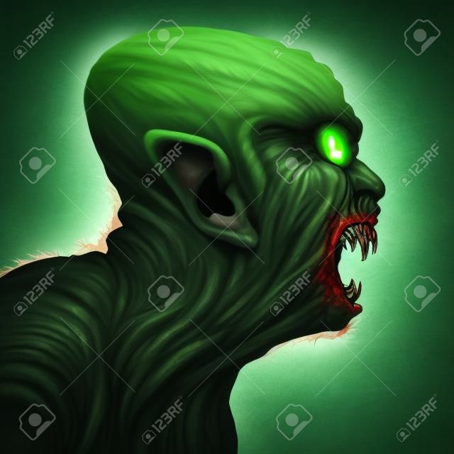 Monster hoofd zijaanzicht als een zombie gezicht of mutant beest schreeuwend als een griezelige halloween of boze enge demon symbool met structuur groene gerimpelde huid geïsoleerd op een witte achtergrond in een realistische 3D illustratie stijl.