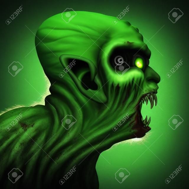 Monster head side view as a zombie face or mutant beast screaming as a creepy halloween or angry scary demon symbol with textured green wrinkled skinisolated on a white background in a realistic 3D illustration style.