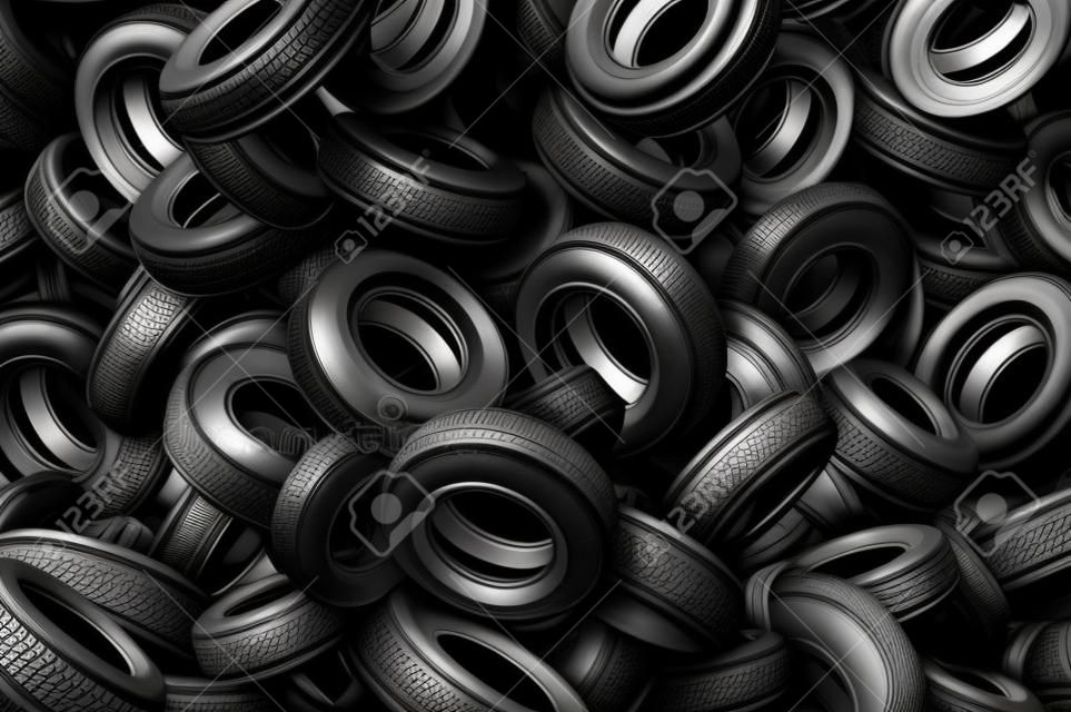 Tire background as a pile and heap of rubber automotive wheels in a landfill representing transportation equipment and car parts or environmental waste management as a 3D illustration.