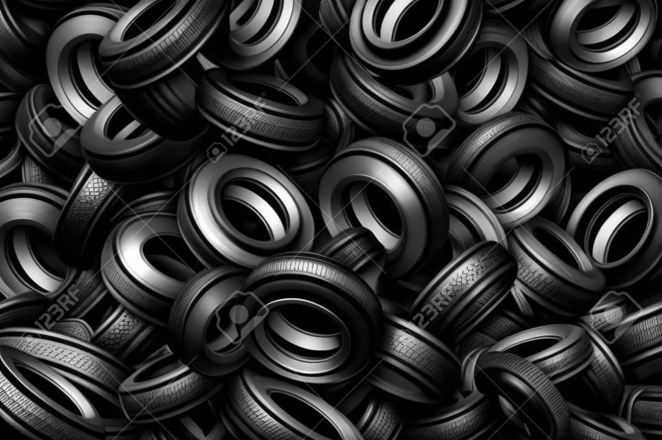 Tire background as a pile and heap of rubber automotive wheels in a landfill representing transportation equipment and car parts or environmental waste management as a 3D illustration.