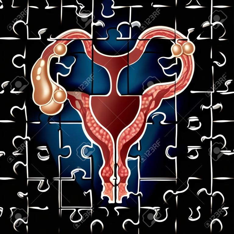 生育挑戰和不育症醫療符號作為一個不完整的難題與輸卵管作為一種用於在三維圖式在雌性繁殖問題的婦科圖標子宮的圖像。