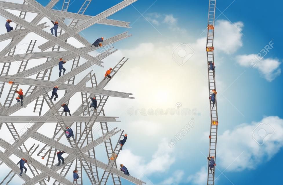 Organized business concept as a group of confused people on tangled ladders in chaos with another organization working together as a coordinated team to form an efficient solution with 3D illustration elements.