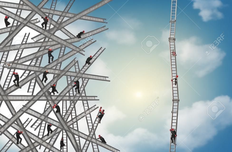 Organized business concept as a group of confused people on tangled ladders in chaos with another organization working together as a coordinated team to form an efficient solution with 3D illustration elements.