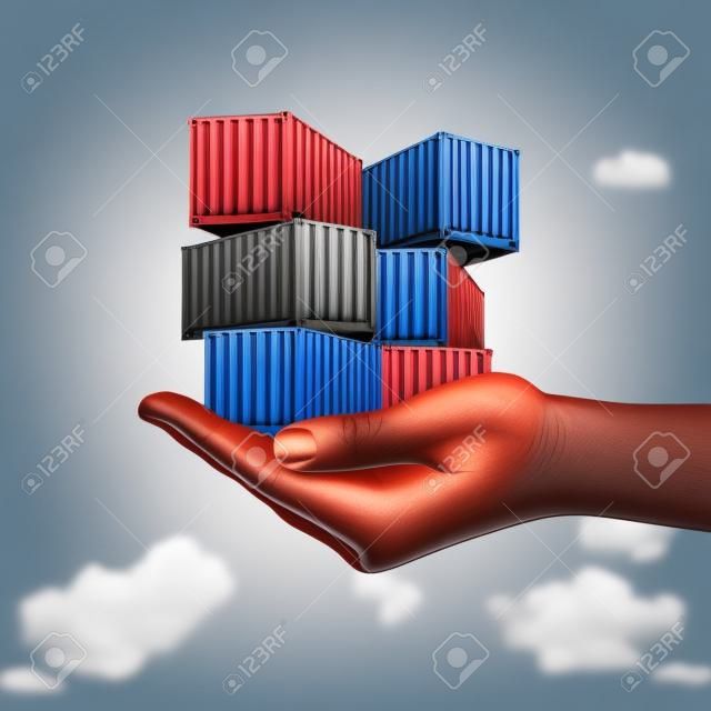 concept de soutien de transport de marchandises en main tenant un groupe de conteneurs de fret comme le transport et la logistique ou la métaphore du commerce avec des éléments d'illustration 3D.