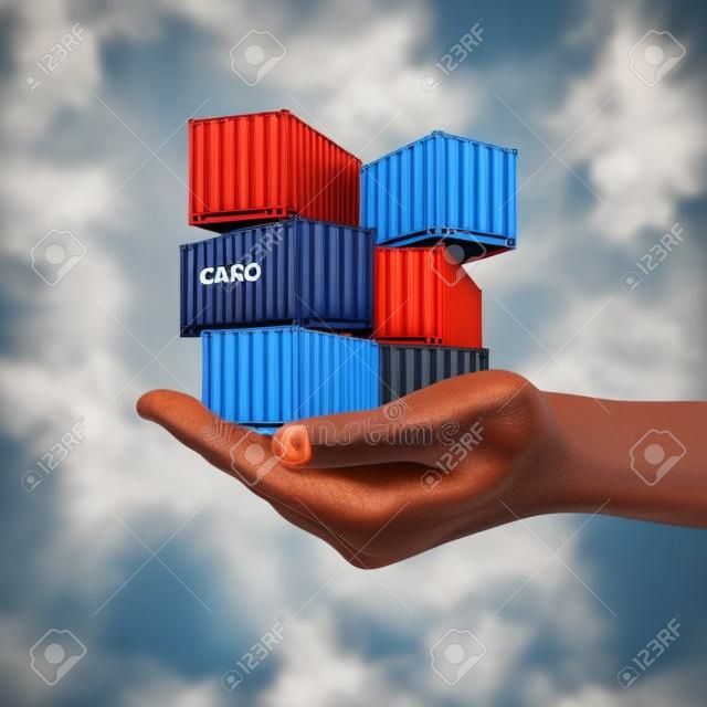 Conceito de suporte ao transporte de carga como uma mão segurando um grupo de contêineres de carga como uma metáfora de transporte e logística ou comércio com elementos de ilustração 3D.