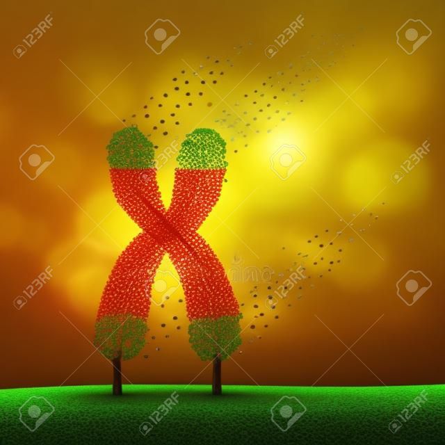 Telomeres length loss with DNA and shortening telomere medical concept as a tree with falling leaves on the end caps of a chromosome as a symbol for aging and living a shorter life due to genetic age damage with 3D illustration elements.