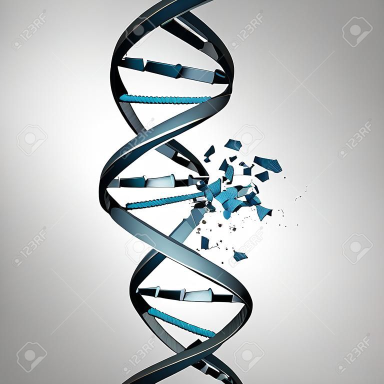 損傷 DNA と二重らせんと遺伝的変異バイオ テクノロジー概念 3 D イラストレーションとしてゲノムまたは染色体の問題を医療のシンボルとして損傷と鎖します。