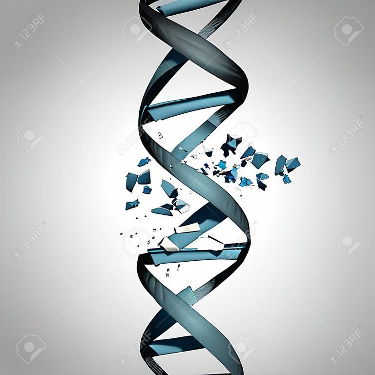 Dañado el ADN y la biotecnología mutación genética concepto como una hélice doble hilo con daños como un símbolo médico para el genoma o cromosoma problema como una ilustración 3D.