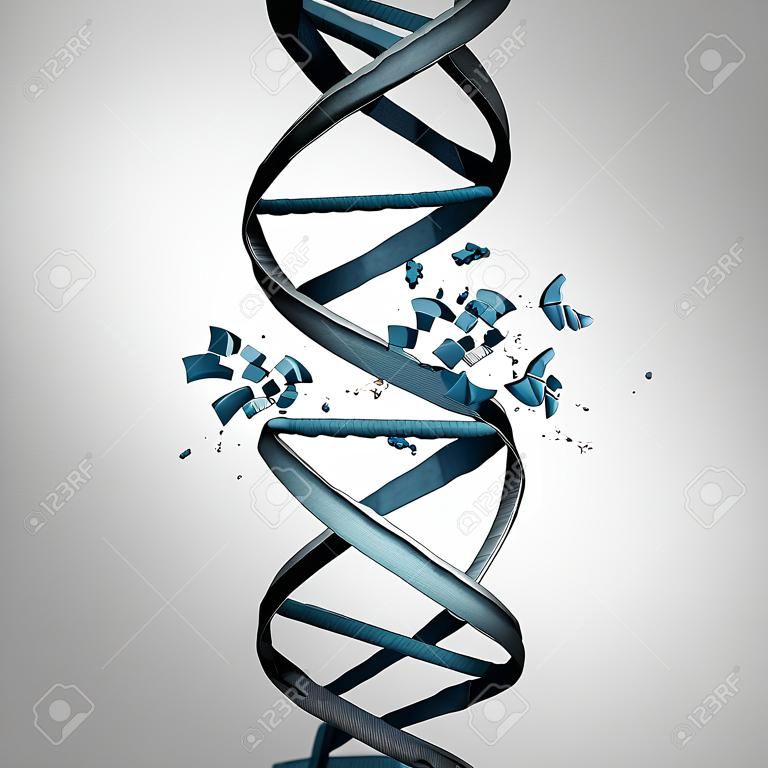 Поврежденная концепция биотехнологии ДНК и генетической мутации как двойная спиральная нить с повреждением в качестве медицинского символа для проблемы генома или хромосомы в виде 3D-иллюстрации.