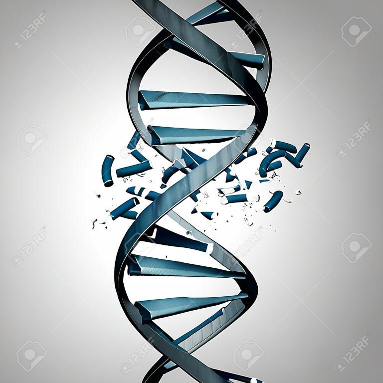 Поврежденная концепция биотехнологии ДНК и генетической мутации как двойная спиральная нить с повреждением в качестве медицинского символа для проблемы генома или хромосомы в виде 3D-иллюстрации.