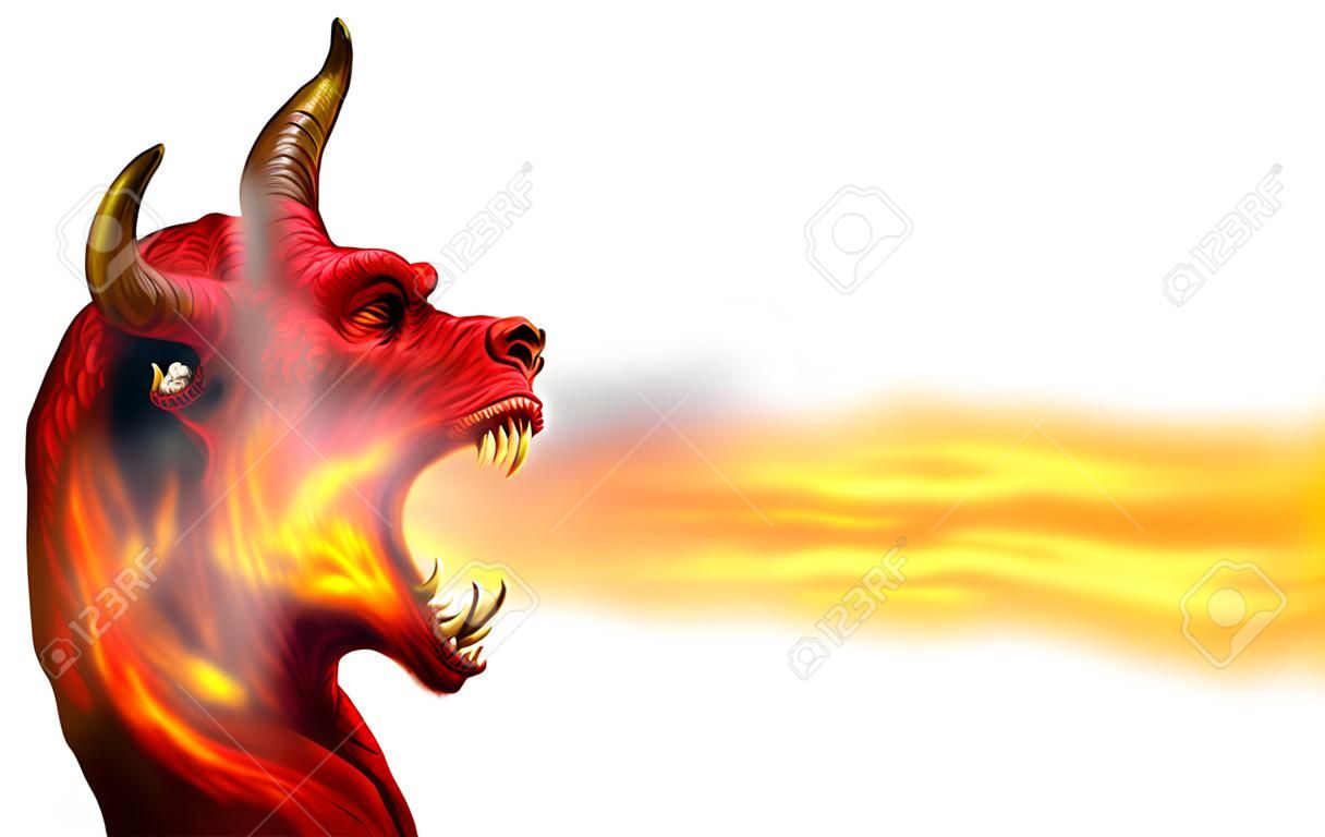 Demon fire flame on a white background as a creepy scary red horned satanic beast monster breathing out hot flames as a halloween or horror symbol with 3D illustration elements.