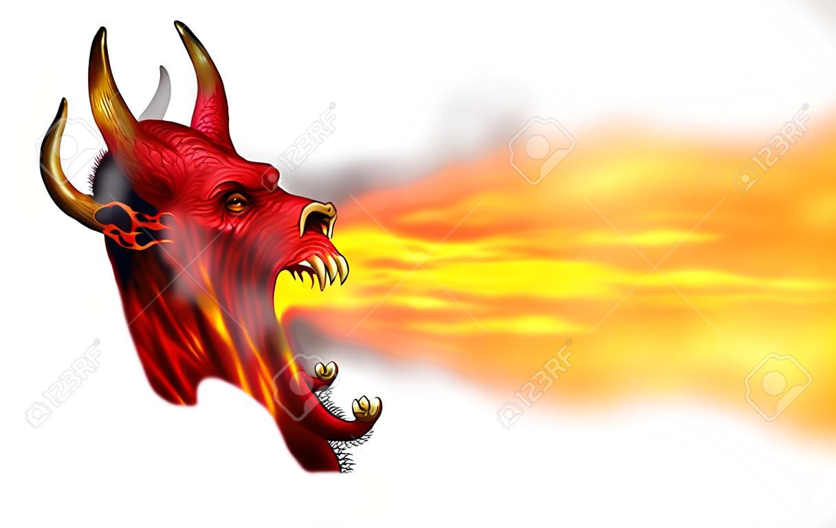 Dämonenfeuer Flamme auf einem weißen Hintergrund als ein gruseliges beängstigendes rotes gehörntes satanisches Tiermonster, das heiße Flammen als Halloween- oder Horrorsymbol mit 3D-Abbildungselementen ausatmet.