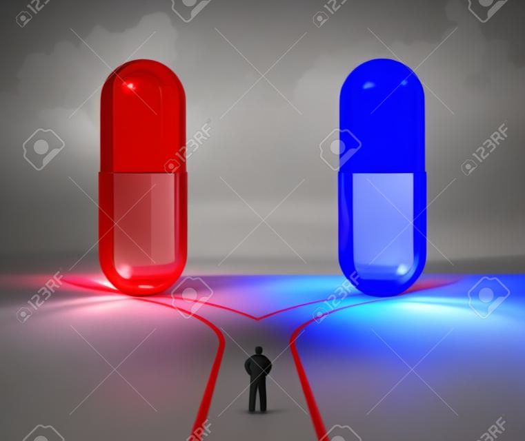 Выбор красной и синей пилюльки как человека на перекрестке, рассматривающего капсулы с лекарственными средствами как символ выбора между правдой и иллюзией или знанием или незнанием или концепцией варианта фармацевтического лечения с помощью 3D-рендеринга.