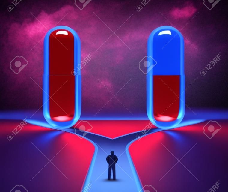Red and blue pill choice as a person at a crossroad looking at medication capsules as a symbol of choosing between truth and illusion or knowledge or ignorance or pharmaceutical treatment option concept with a 3D render.