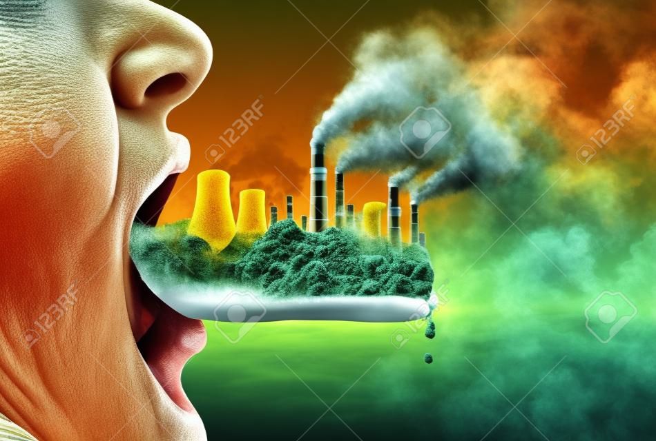 Inquinanti tossici all'interno del corpo umano e mangiando inquinanti come una bocca aperta che ingerisce tossine industriali con elementi di illustrazione 3D.