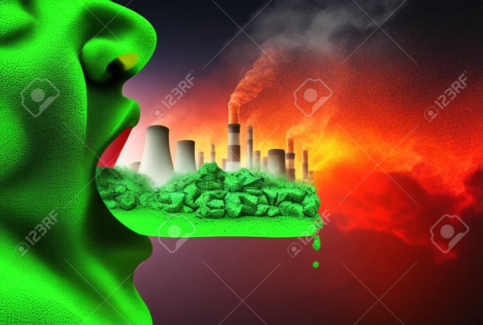 Giftige verontreinigende stoffen in het menselijk lichaam en het eten van verontreinigende stoffen als een open mond inname van industriële toxines met 3D illustratie-elementen.