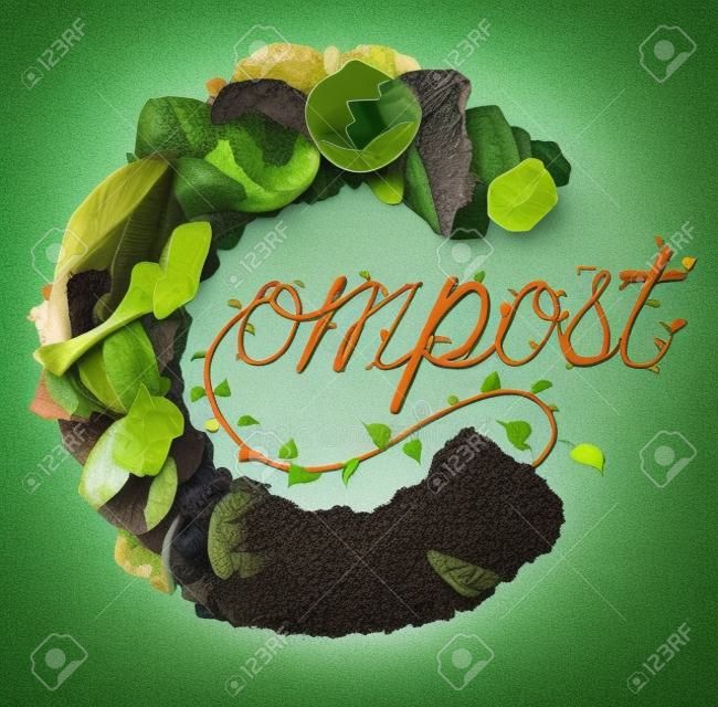 Compost concept and composting symbol life cycle and an organic recycling system as a pile of rotting food scraps with a sapling growing shaped as text in a 3D illustration style.