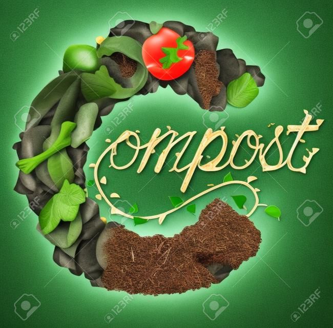 Compost concept and composting symbol life cycle and an organic recycling system as a pile of rotting food scraps with a sapling growing shaped as text in a 3D illustration style.