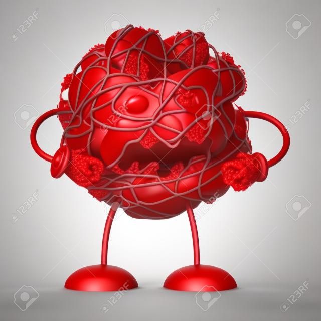 Charakter lub maskotka zakrzepu krwi jako grupa zlepionych ludzkich krwinek czerwonych zatrzymujących lub spowalniających przepływ krwi jako ilustracja 3D na białym tle.